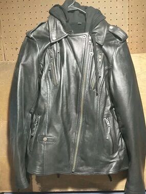 Derringer Women's Black Leather Hooded Jacket